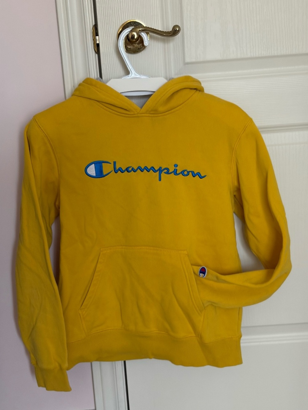 Champion Script Logo Pullover Hoodie | Mustard Yellow | Size S